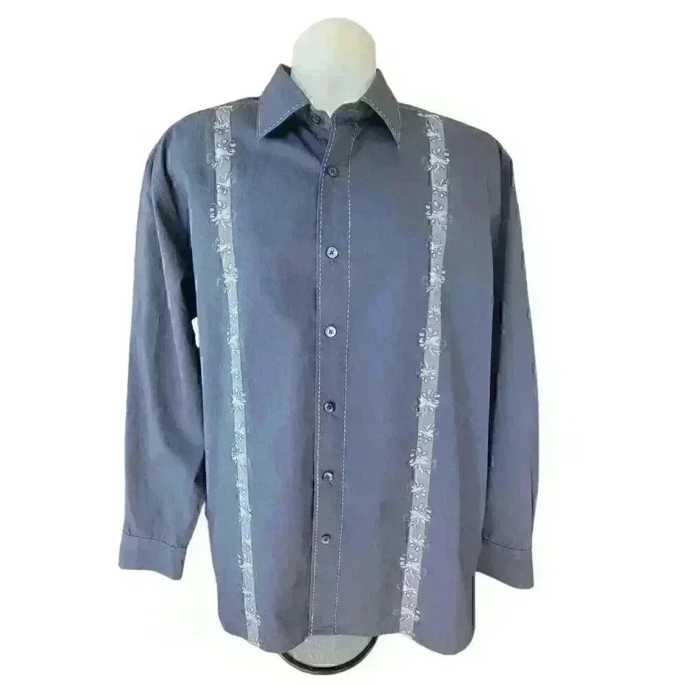Monterey Point Men's Button Up Long Sleeve Navy Shirt w/Hawaiian Accents Size L